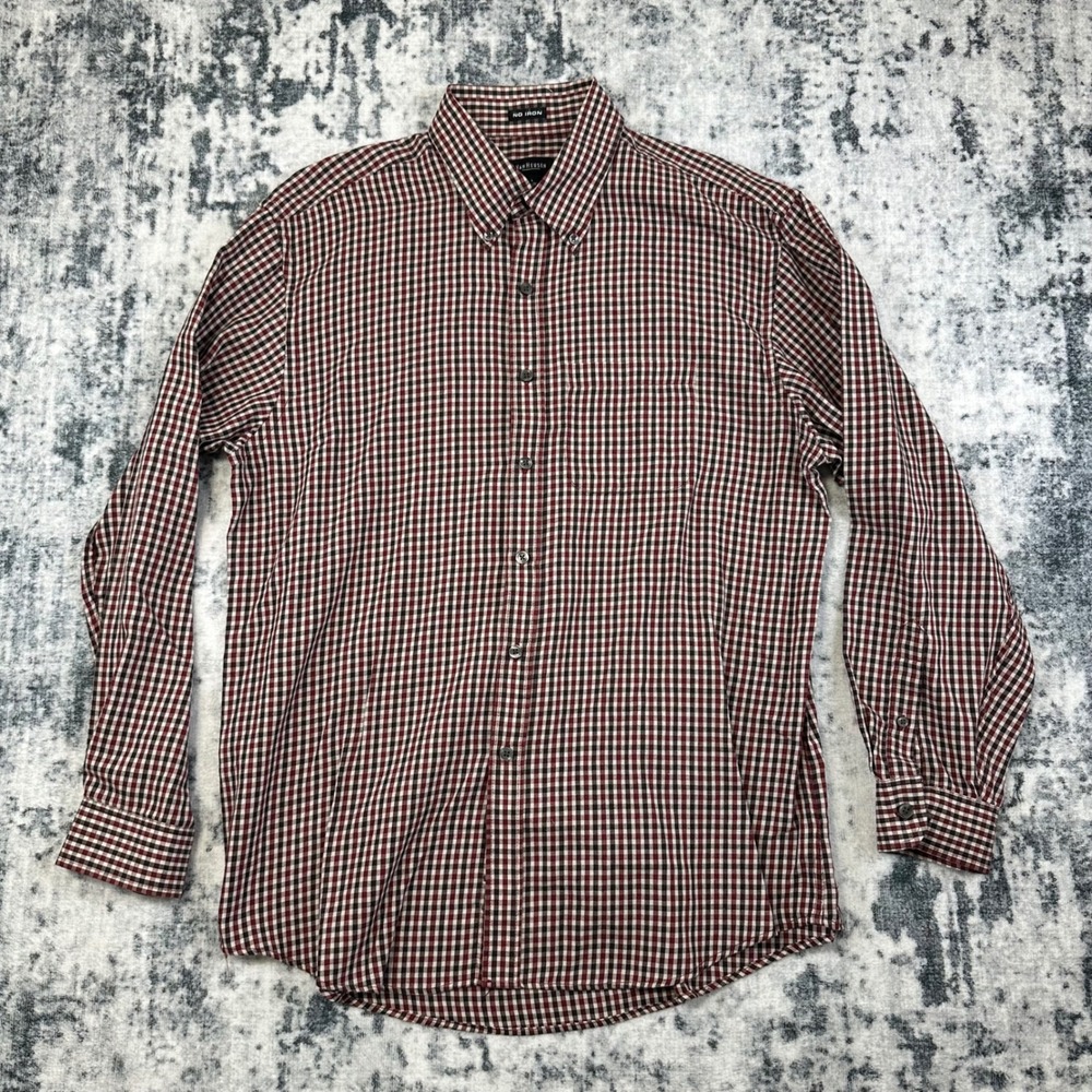 Van Heusen Button Down Shirt Mens L Red Plaid No Iron Long Sleeve Gingham Check